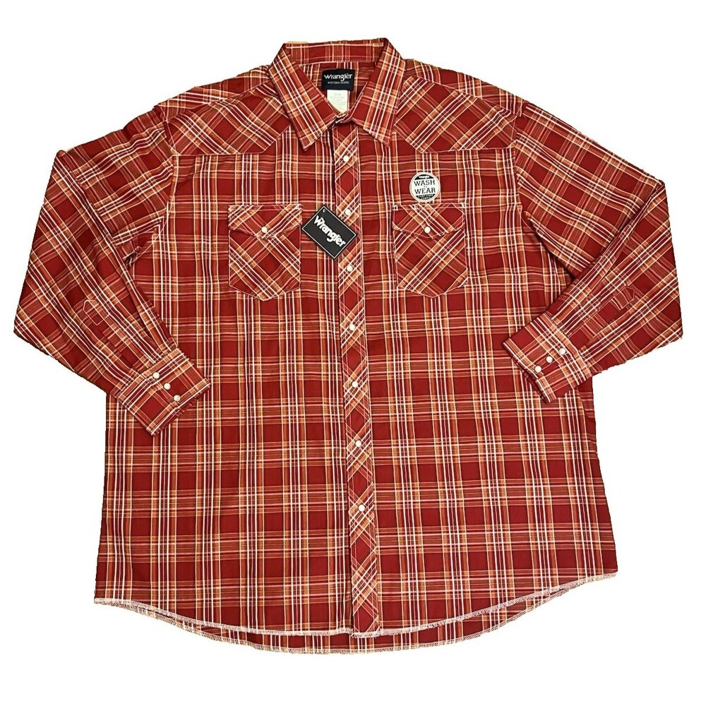 WRANGLER Western Red Plaid Pearl Snap Button Long Sleeve Shirt 19x36 Tall NWT - Picture 2 of 6